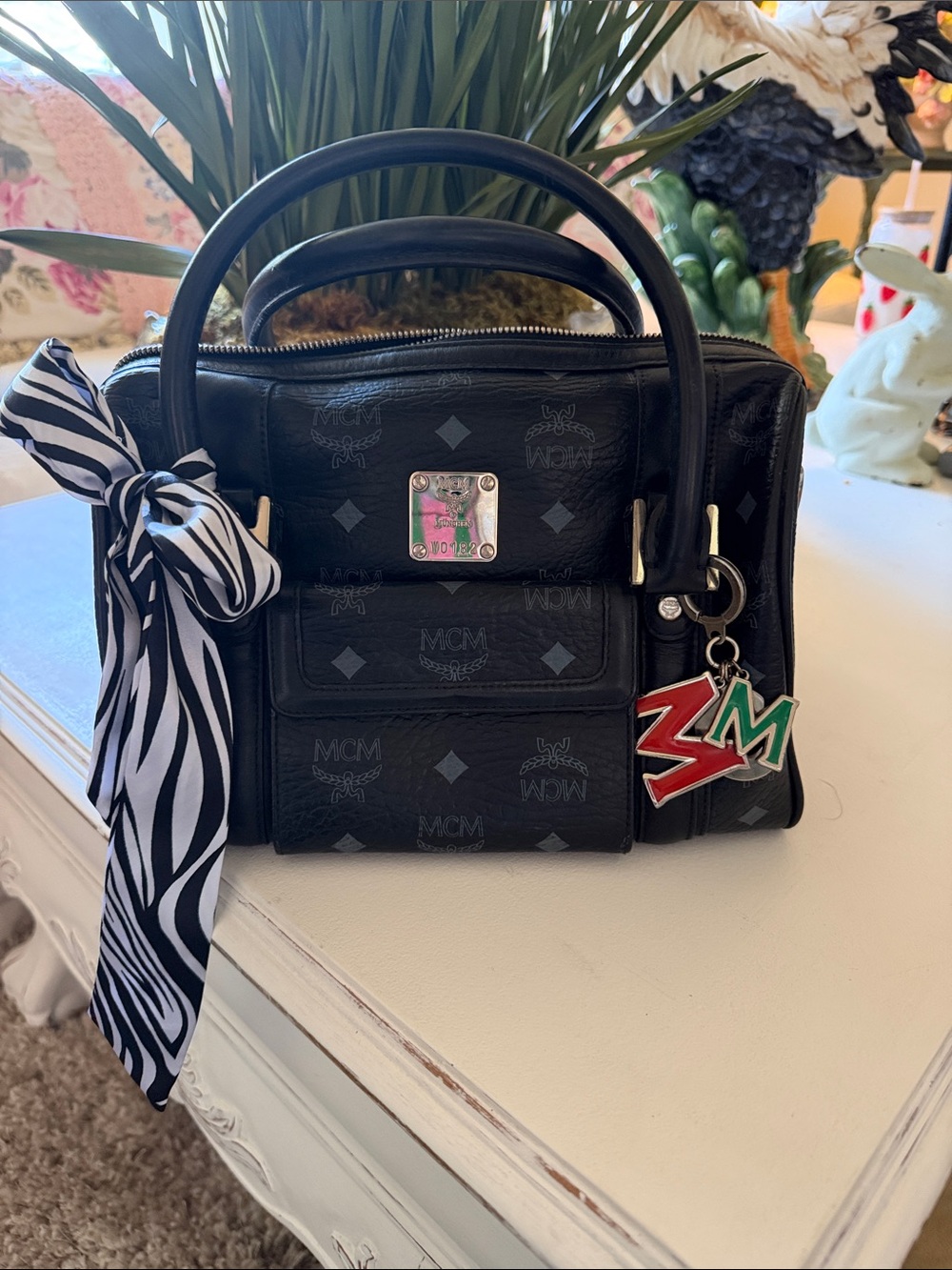 MCM Black Visetos Monogram Leather Top-Handle Satchel with Charm